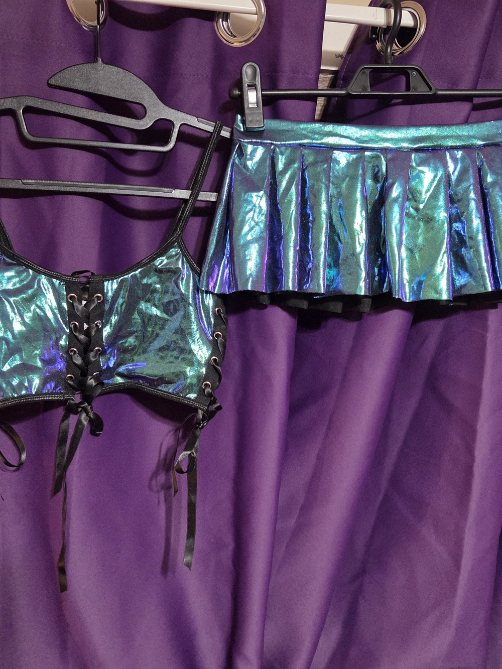 Iridescent Blue-Green Lace-Up Crop Top & Mini Skirt Set - Rave Festival Fit